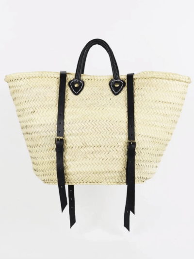 French Market Basket Backpack in Natural/Black on white background